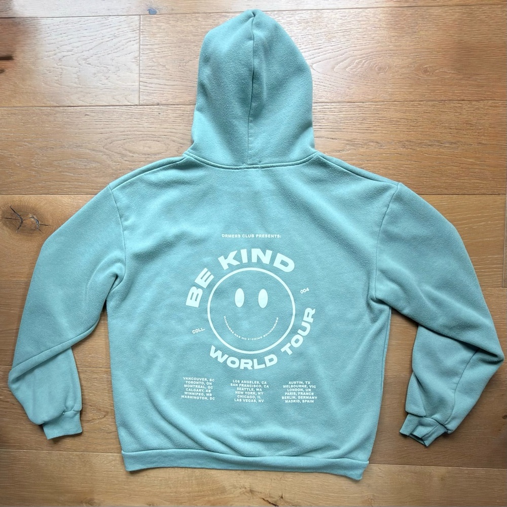 Drmers Club Hoodie Zip Up Be Kind World Tour Unisex Large Seafoam Green